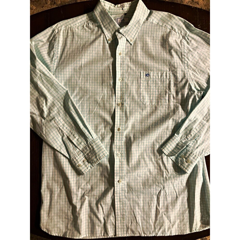 Southern Tide Men XL Classic Fit White/Blue Check Cotton Shirt